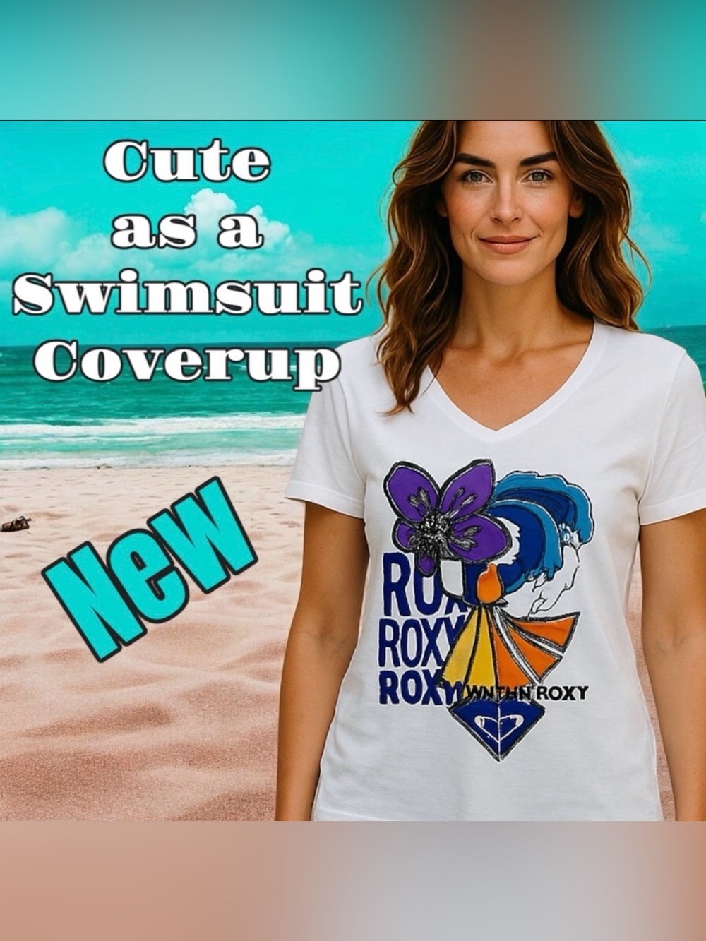 Roxy Surfer Girl Women's Deep V-Neck White Graphic Tee and Swim Coverup, Size M